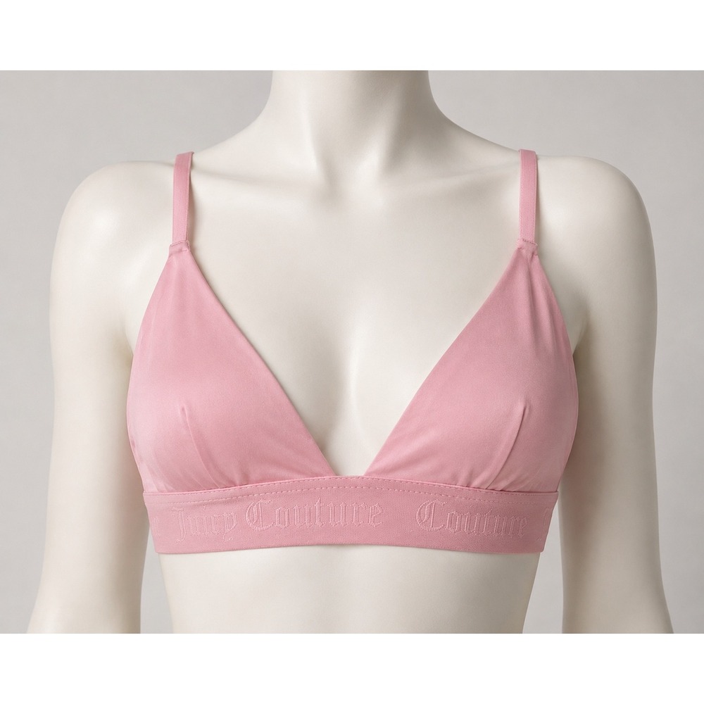 Juicy Couture Pink Satin Triangle Bralette Logo Elastic Band‎ Wireless Bra Large